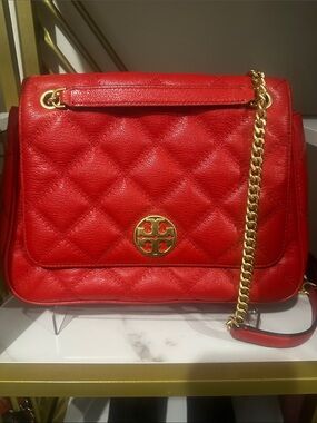 Tory Burch Quilted Red Leather Shoulder Bag with Gold Chain
